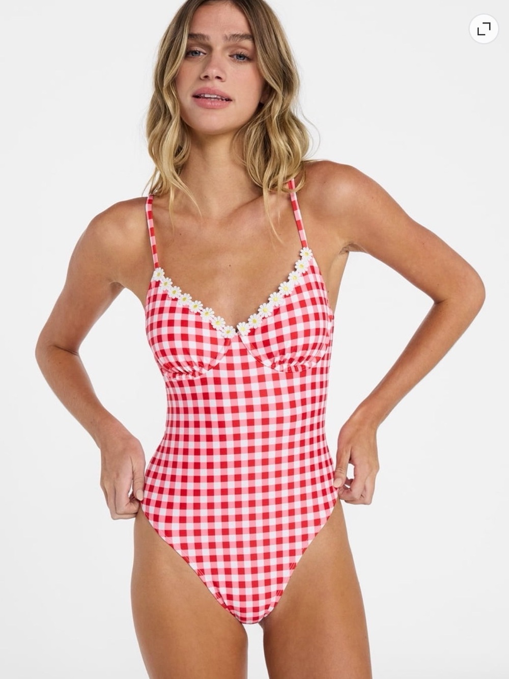 Red Gingham One-Piece Swimsuit with Daisy Trim